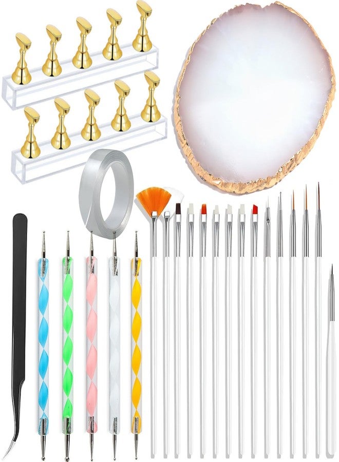 RUSTAMM 24 Pieces Nail Art Tools Kit Resin Nail Art Palette Acrylic Silicone Engraving Pen Dotting Pen Mixing Palette Detail Brushes Tools for Nail Art DIY Home Salon Makeup Display (Gold) - Image 1